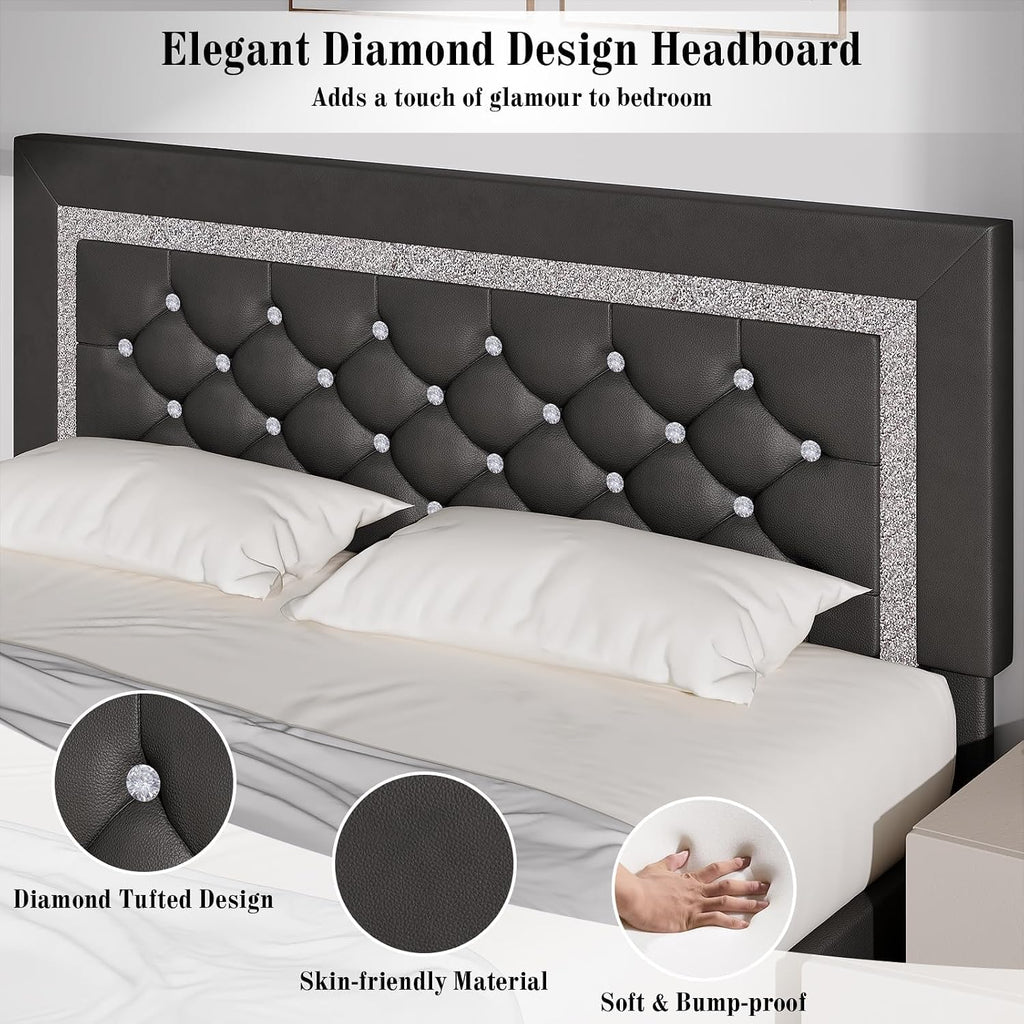 BarnFurin Queen Bed Frame with Diamond Tufted Headboard, Faux Leather Upholstered Bed with Wooden Slats Support, No Box Spring Needed, Mattress Foundation, Easy Assembly, Grey