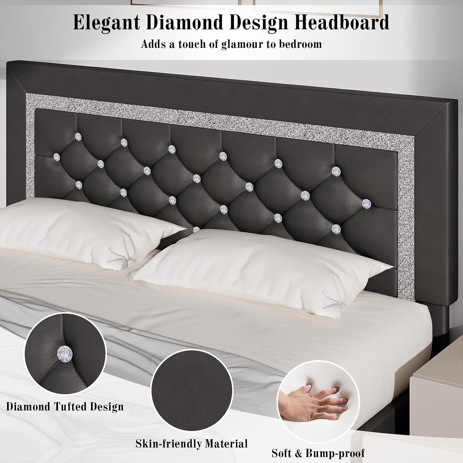 BarnFurin Full Bed Frame with Diamond Tufted Headboard, Faux Leather Upholstered Bed with Wooden Slats Support, No Box Spring Needed, Mattress Foundation, Easy Assembly, Gray