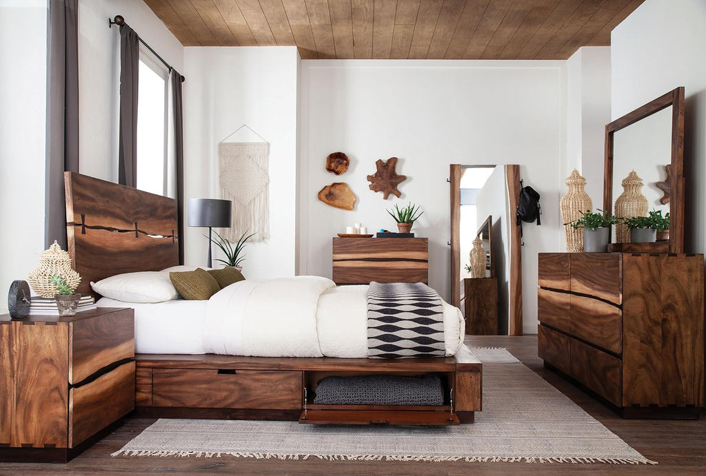 Coaster Home Furnishings Winslow Farmhouse 5-Piece Bedroom Set Live Edge Eastern King Size Storage Bed Frame 54-inch Headboard Smokey Walnut and Coffee Bean 223250SKE-S5