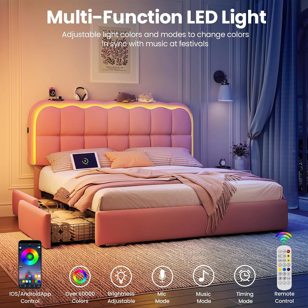 CypBed Queen Size Bed Frame with 4 Storage Drawers & LED Lights, Velvet Upholstered Platform Bed Frame with Charing Station and Adjustable Headboard, Wood Slats Support, No Box Spring Needed, Pink