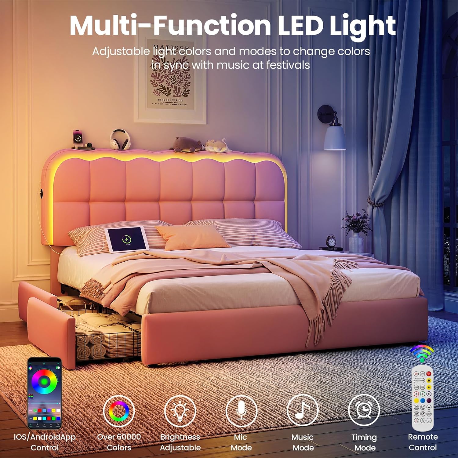 CypBed Queen Size Bed Frame with 4 Storage Drawers & LED Lights, Velvet Upholstered Platform Bed Frame with Charing Station and Adjustable Headboard, Wood Slats Support, No Box Spring Needed, Pink