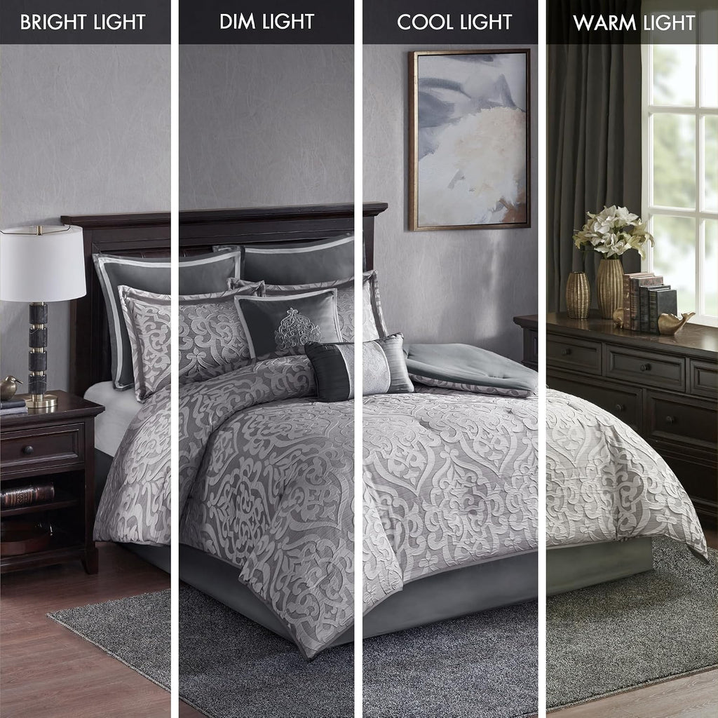 Madison Park Odette Cozy Comforter Set Jacquard Damask Medallion Design - Modern All Season, Down Alternative Bedding, Shams, Decorative Pillows, Cal King(104 in x 92 in), Silver 8 Piece