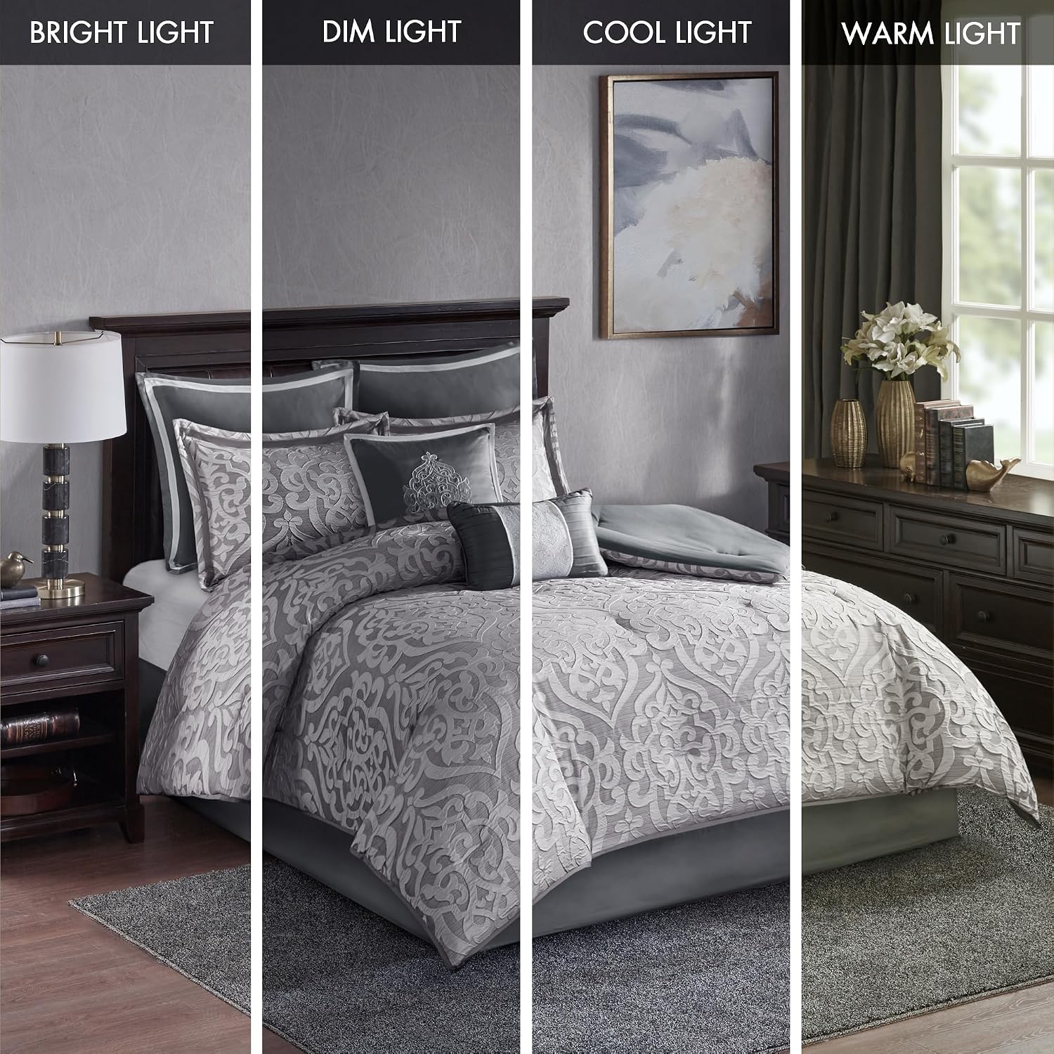 Madison Park Odette Cozy Comforter Set Jacquard Damask Medallion Design - Modern All Season, Down Alternative Bedding, Shams, Decorative Pillows, Cal King(104 in x 92 in), Silver 8 Piece