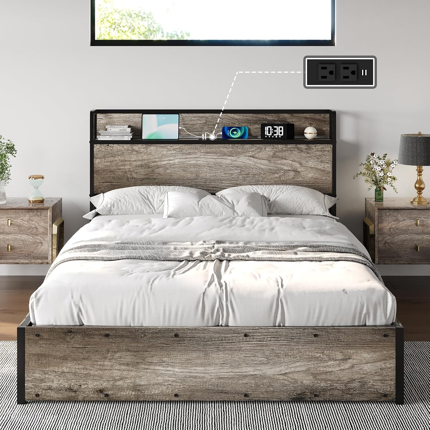 AMERLIFE Queen Size Lift Up Storage Bed Frame, Wooden Platform Bed Frame with Lifting Storage & Charging Station, No Spring Box Needed/Noise Free, Rustic Grey