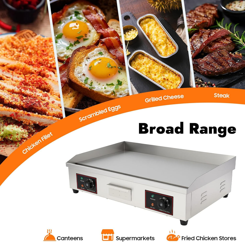 30' Commercial Electric Griddle, 3000W 110V Countertop Flat Top Griddle Non-Stick Stainless Steel Teppanyaki Grill with Adjustable Temperature Control 122°F-572°F for Home Restaurant (NO PLUG)