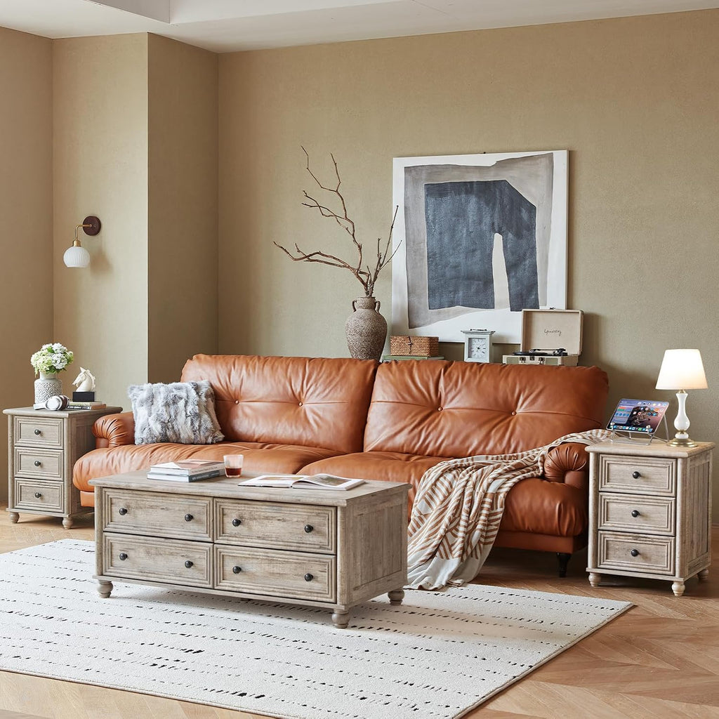 RWYHG Farmhouse Dresser and Nightstand Sets 4 Piece, Wooden 7 Drawers Dresser & 43.5' Tall Chest of Drawers, 18' Roman Column Nightstand Set of 2, Furniture Dressers for Bedroom, Living Room