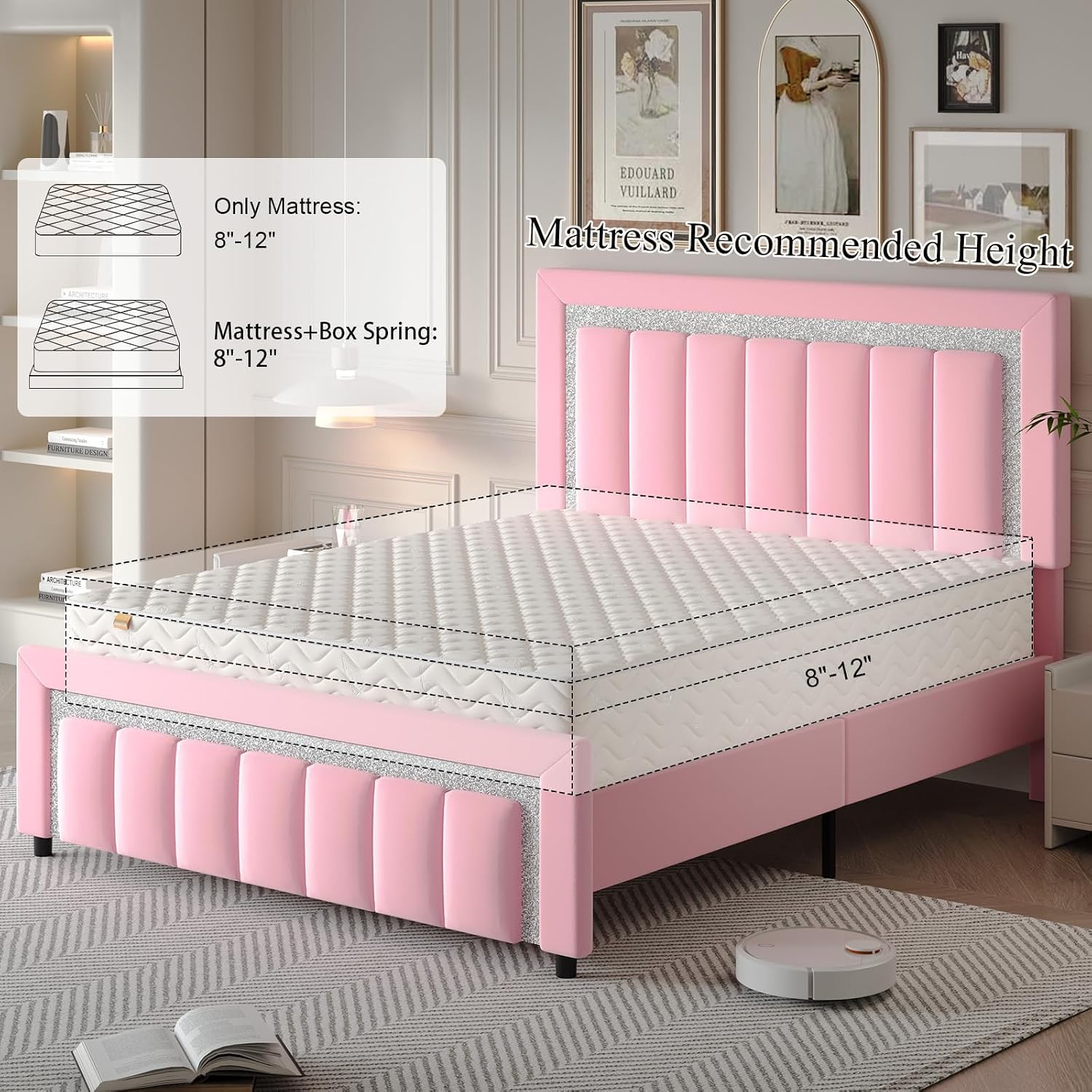 HOMBCK Full Size Bed Frame with Diamond Headboard, Full Bed Frame with Velvet Headboard and Footboard, Upholstered Platform Bed with Wooden Slats, No Box Spring Needed, Easy Assembly, Pink