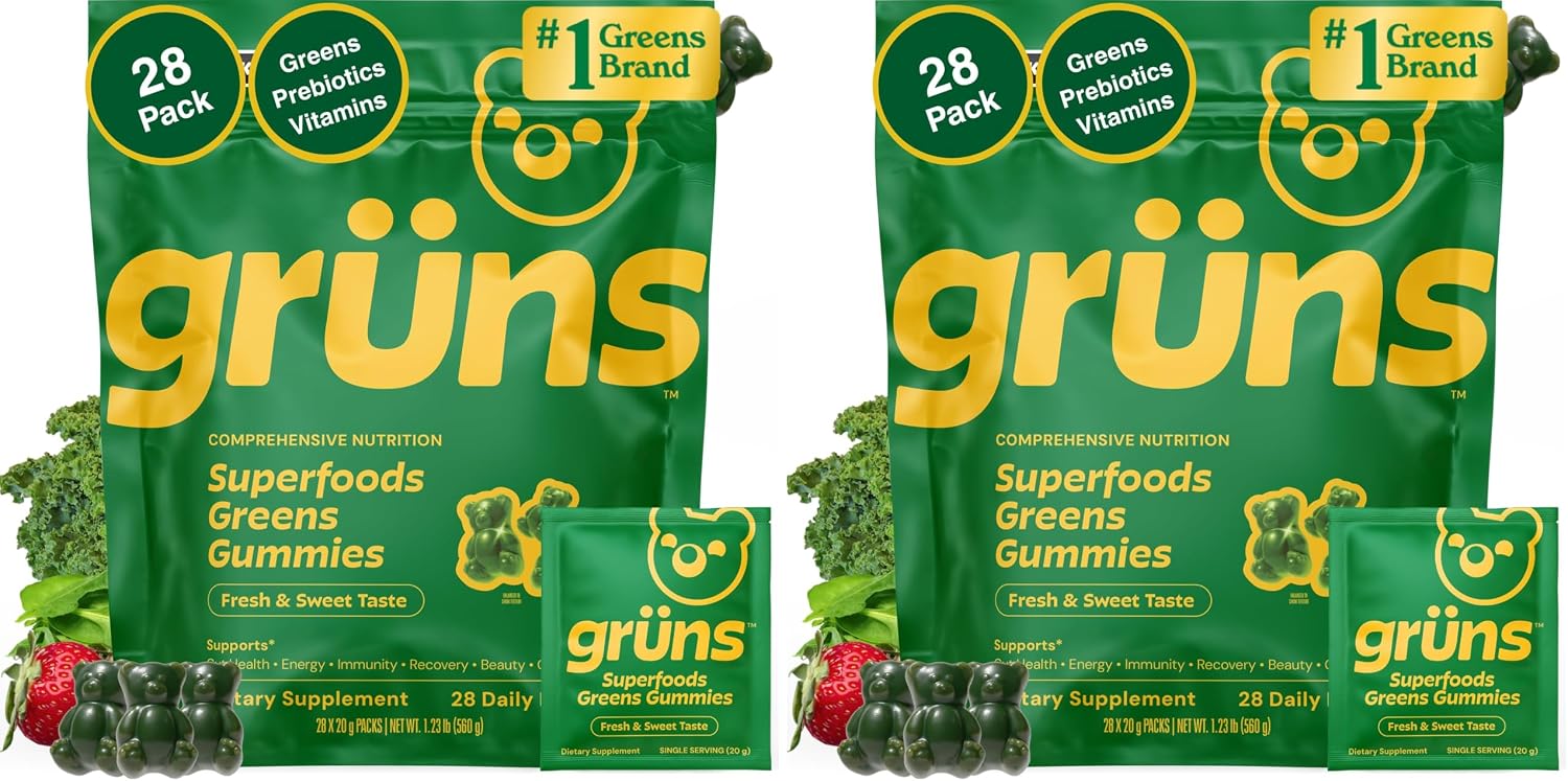 Gruns Adult Super Greens Multivitamin Gummies, Superfood Gummy Vitamins for Women and Men with Spirulina, Chlorella, Adaptogens & Prebiotic Fiber for Digestive Health (28 Count) (Pack of 2)