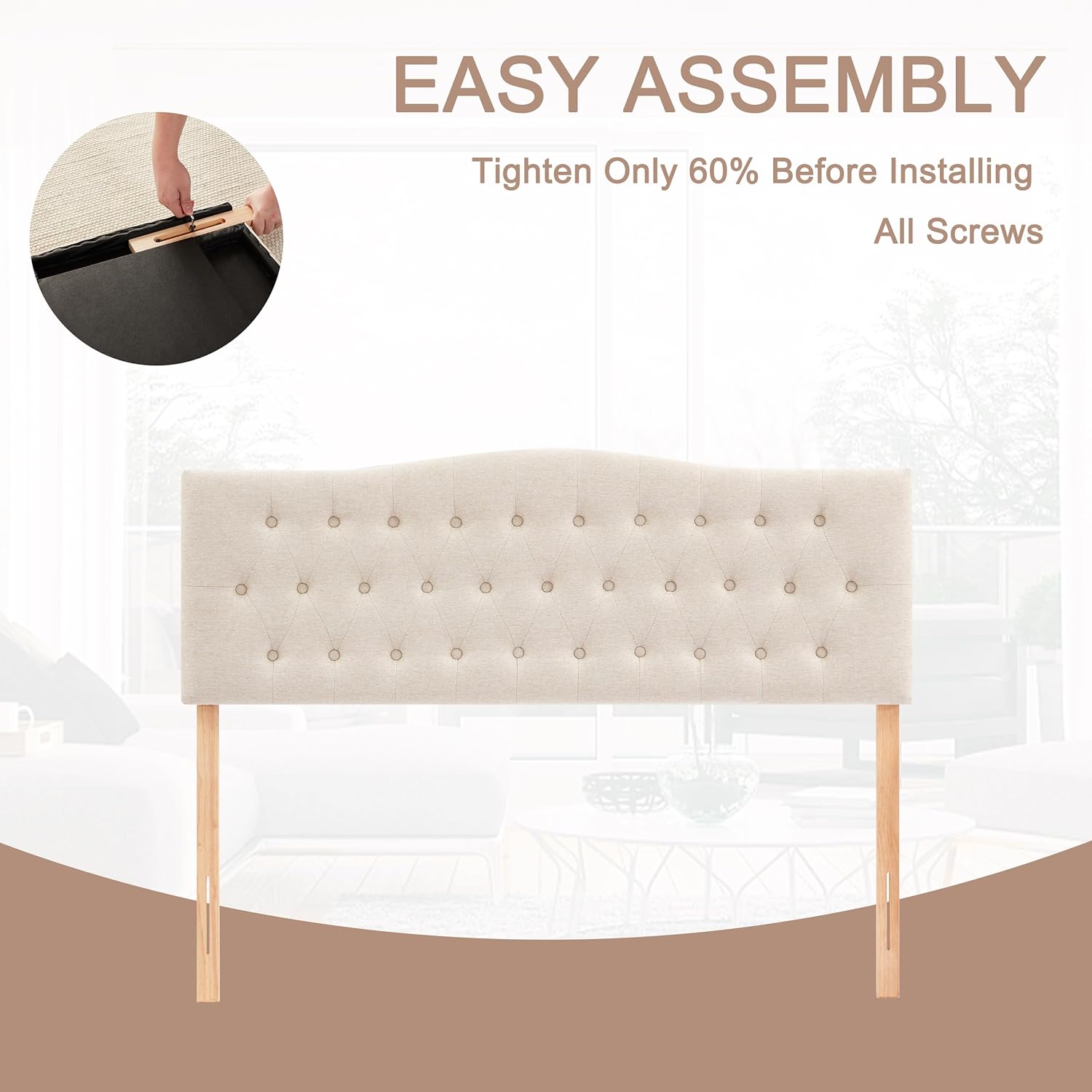 Huatean Home Tufted Upholstered Headboard California King, Sturdy and Durable Solid Wood Bed headboard, Fabric Headboard Adjustable Height from 37' to 51', Button Diamond Design Head Board, Beige