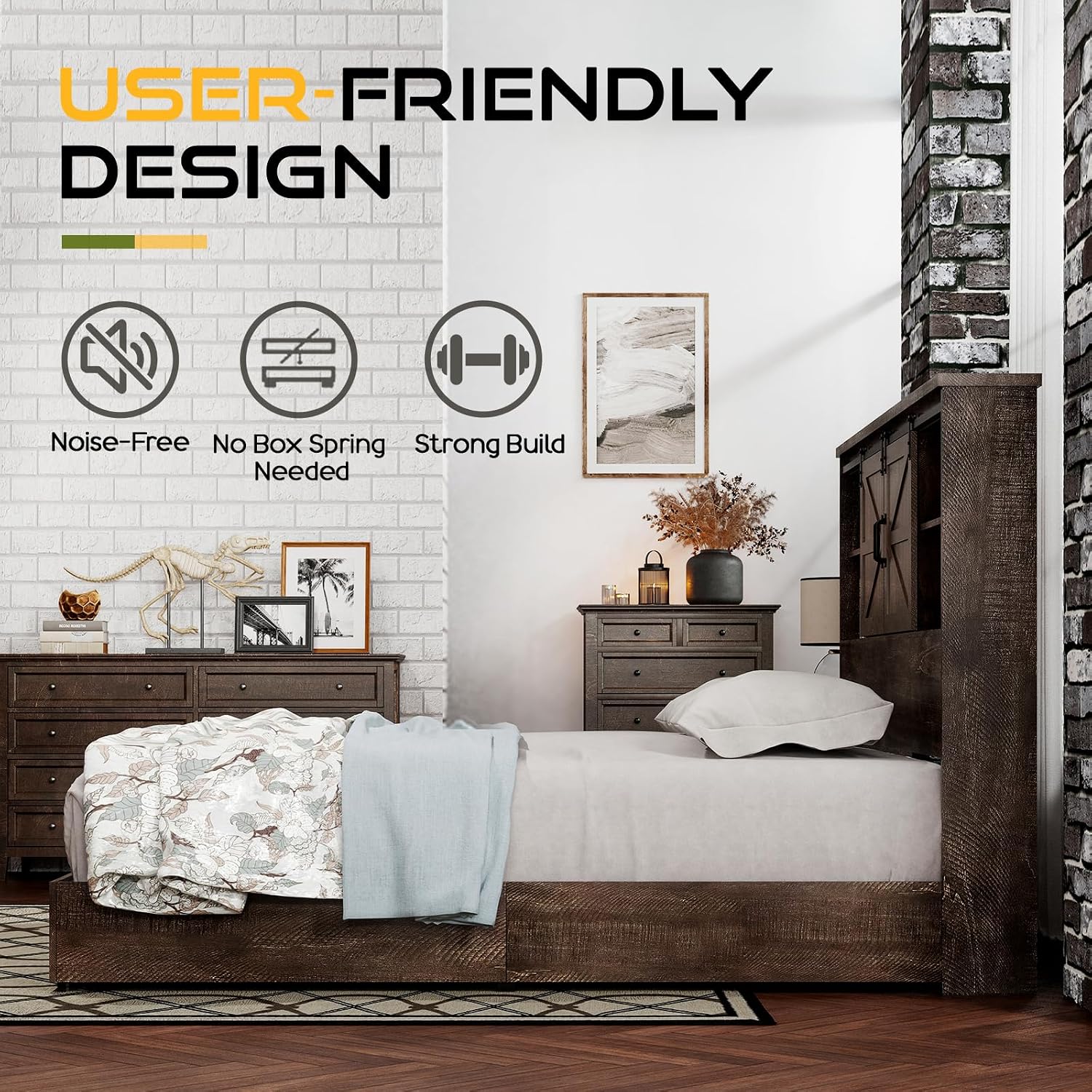 HOWE Farmhouse Queen Size Bed Frame with 51.2' Bookcase Headboard, Wooden Platform Bed with 2 Drawers, Sliding Barn Door Dec, Storage Bed with Charging Station, No Box Spring Needed, Brown