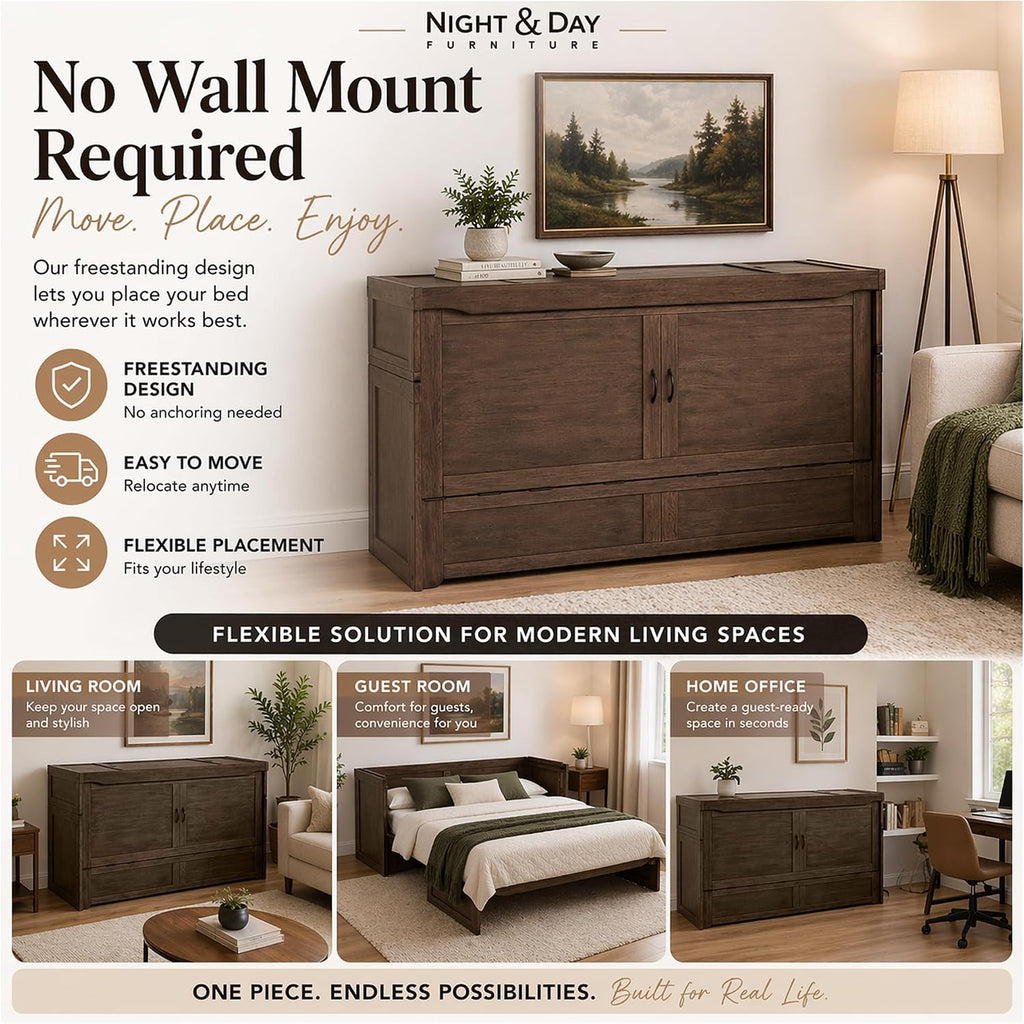 NIGHT & DAY Furniture Murphy Cube Cabinet Bed Queen – Solid Hardwood Fold-Out Space-Saving Portable Cabinet Bed with 6' Gel Memory Foam Mattress – Normandy Brown Finish