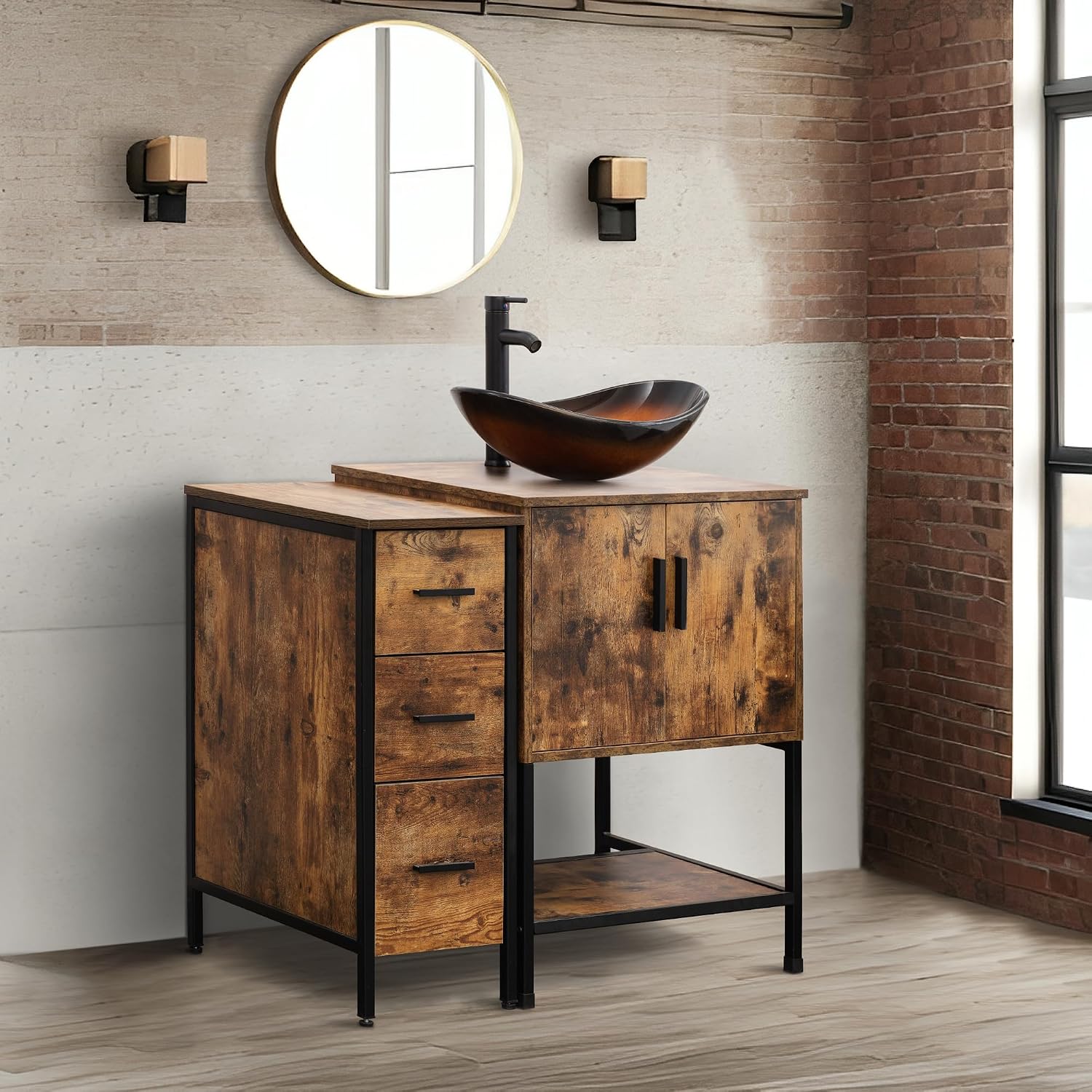 UEV 36' Rustic Brown Bathroom Vanity with Sink Combo,Industrial Iron Frame Bathroom Cabinet Sets with 3 Drawers Side Cabinet,Modern Brown Boat Tempered Glass Vessel Sink(029BR)