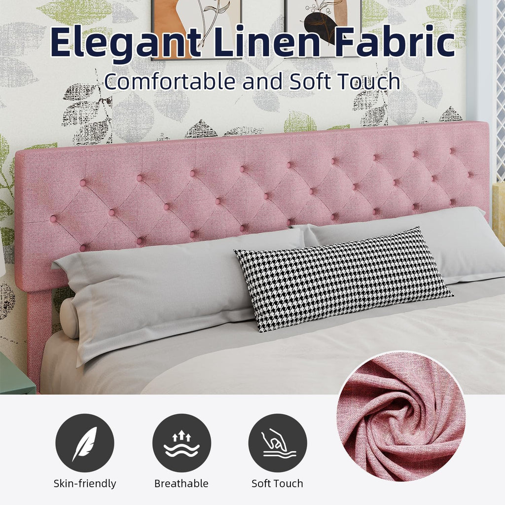 BarnFurin King Size Platform Bed Frame, Fabric Upholstered Bed with Button Tufted Headboard, Adjustable Headboard Design, Easy Assembly, No Box Spring Required, Pink