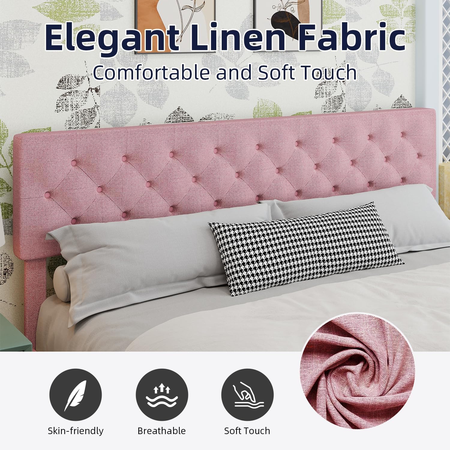 BarnFurin King Size Platform Bed Frame, Fabric Upholstered Bed with Button Tufted Headboard, Adjustable Headboard Design, Easy Assembly, No Box Spring Required, Pink