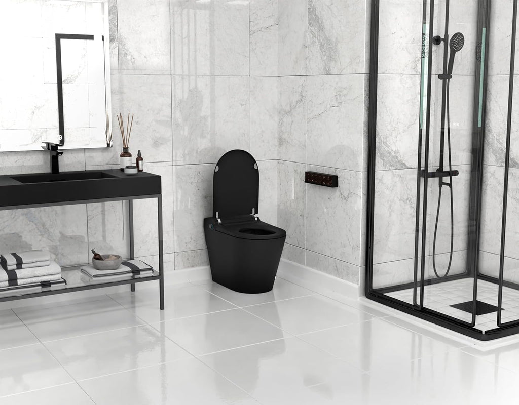 ANZZI Echo Smart Bidet Toilet Elongated One-Piece 1.28 GPF Matte Black with Auto Open Close, Auto Flush, Voice and WiFi Control, Heated Seat, Warm Water Wash, Remote Control | TL-ST950WIFI-MB