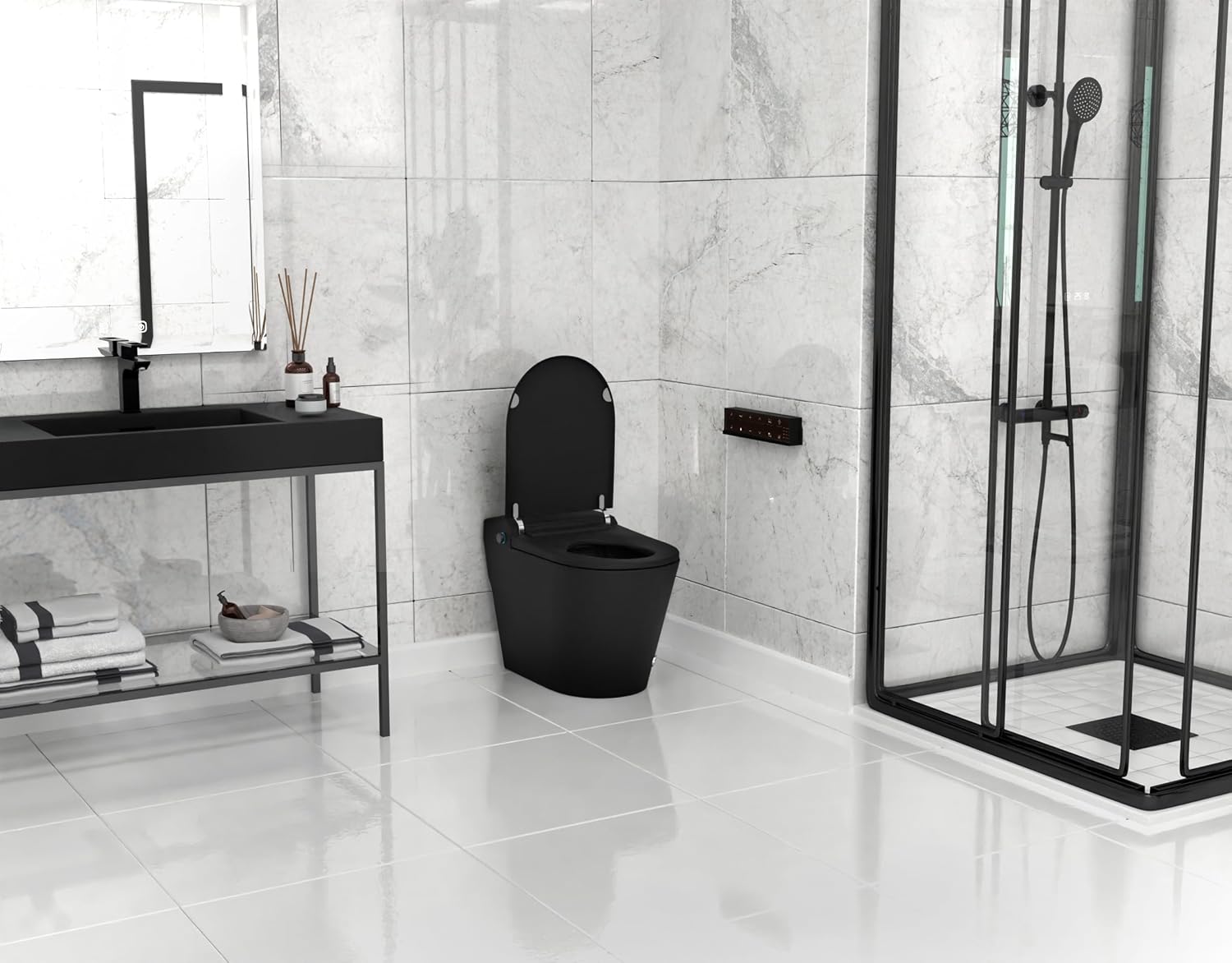 ANZZI Echo Smart Bidet Toilet Elongated One-Piece 1.28 GPF Matte Black with Auto Open Close, Auto Flush, Voice and WiFi Control, Heated Seat, Warm Water Wash, Remote Control | TL-ST950WIFI-MB