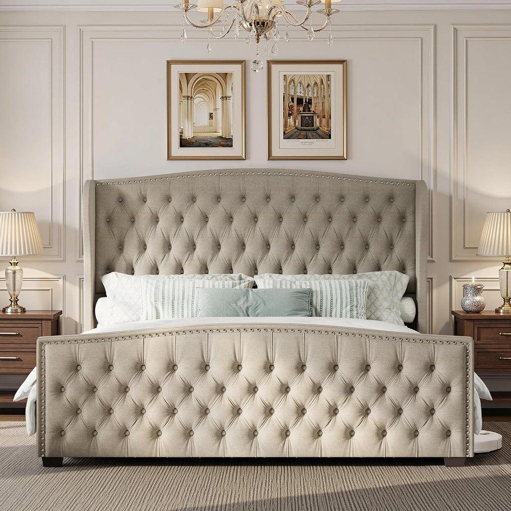 LUXOAK King Platform Bed Frame with Wingback Headboard, Velvet Upholstered Bed Frame with Handmade Button Tufted & Nailhead, Wooden Slats Support, Beige