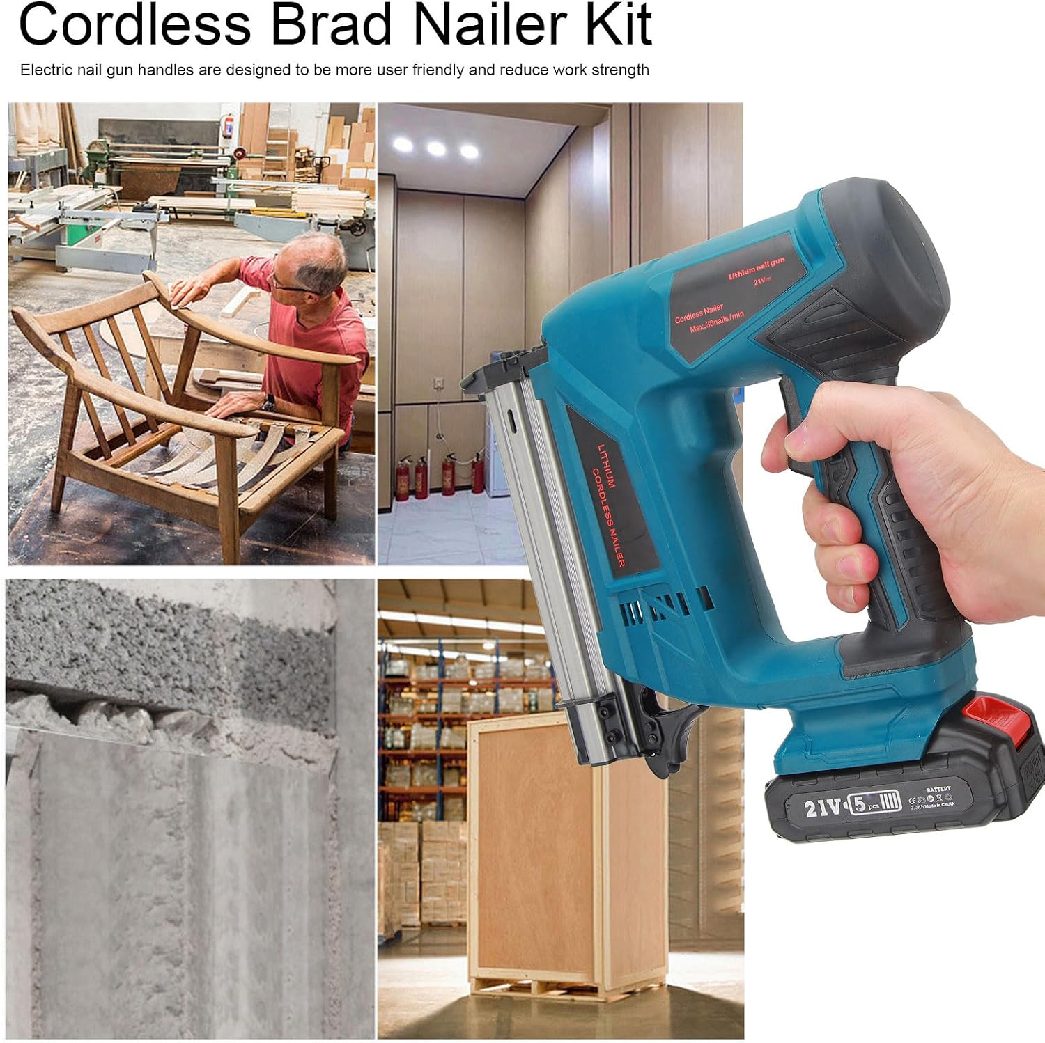 20V Cordless Brad Nailer Kit, Electric Nail Kit with 100Pcs Copper Motor, Lithium Battery and Charger, Wood Inlay and Fixed Furniture Production (US Plug 100‑220V)