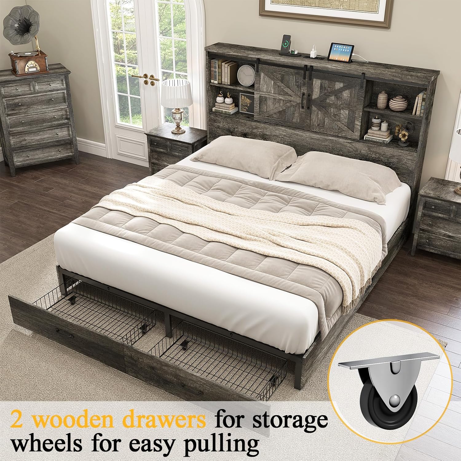 HOWE Farmhouse Queen Size Bed Frame with 51.2' Bookcase Headboard, Wooden Platform Bed with 2 Drawers, Sliding Barn Door Dec, Storage Bed with Charging Station, No Box Spring Needed, Rustic Grey