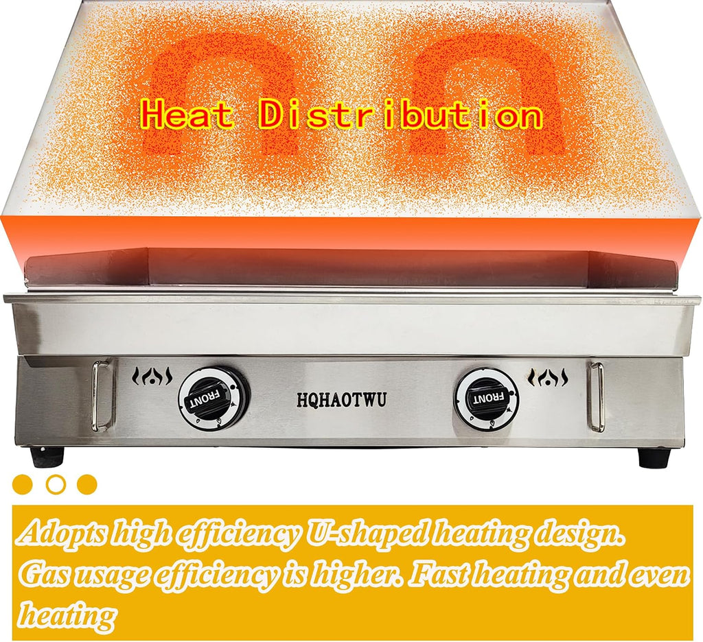 LPG Gas Griddle - Camp Countertop Flat Cooking Griddle with Temperature Control - 2800Pa Top Grill Hot Plate Stove - 2 Burner Outdoor Kitchen - Stainless Steel Grill BBQ Plate
