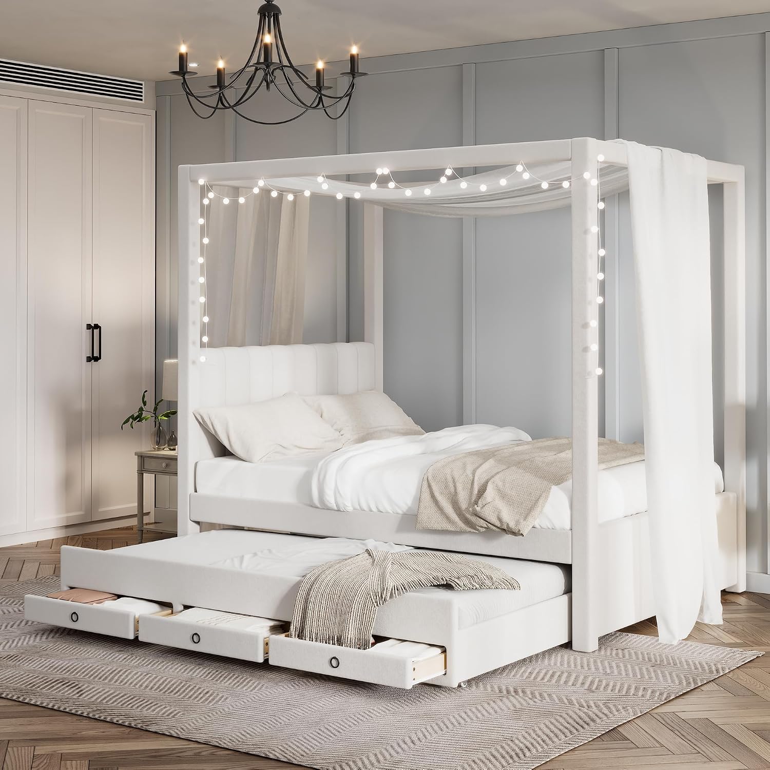 Full Size Linen Upholstered Canopy Bed with Trundle and 3 Storage Drawers for Bedroom, Guest Room (Full)