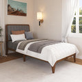 DG Casa Raven Solid Wood Twin Size Bed Frame - Mid Century Modern Style, Platform with Tufted Upholstered Adjustable Height Headboard, No Box Spring Required, Walnut Finish, Brown Fabric