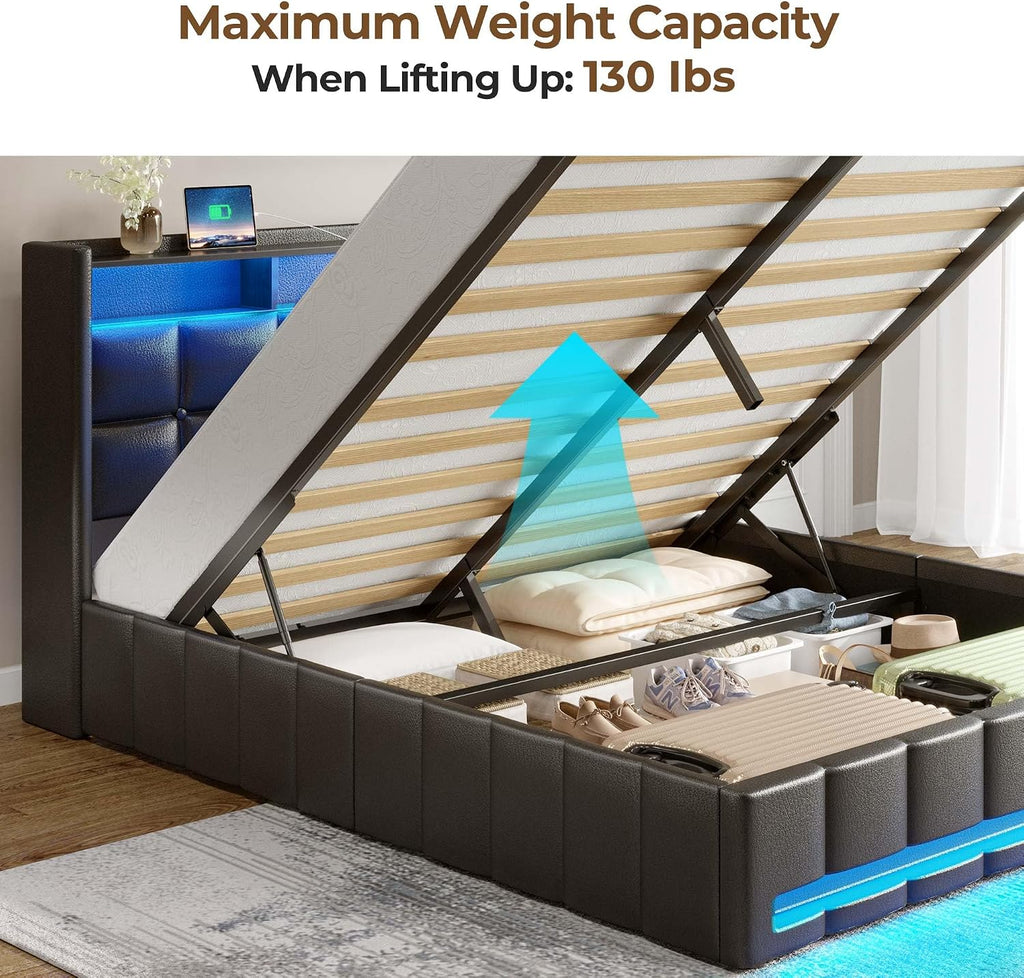 Rolanstar Full Lift Up Bed Frame with Storage, PU Leather Upholstered Headboard with Shelves, RGB LED Lights & Charging Station (USB-C), Wood Slats, Noise-Free, No Box Spring, Black