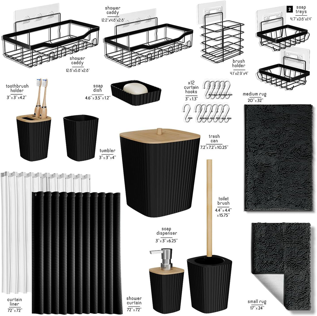 Hearth & Harbor Bathroom Accessories Set - Bathroom Set, 20PC Bathroom Accessory Set, Shower Curtain Set, Toilet Brush, Trash Can & Soap Dispenser (Black, Complete 27-Piece Set)