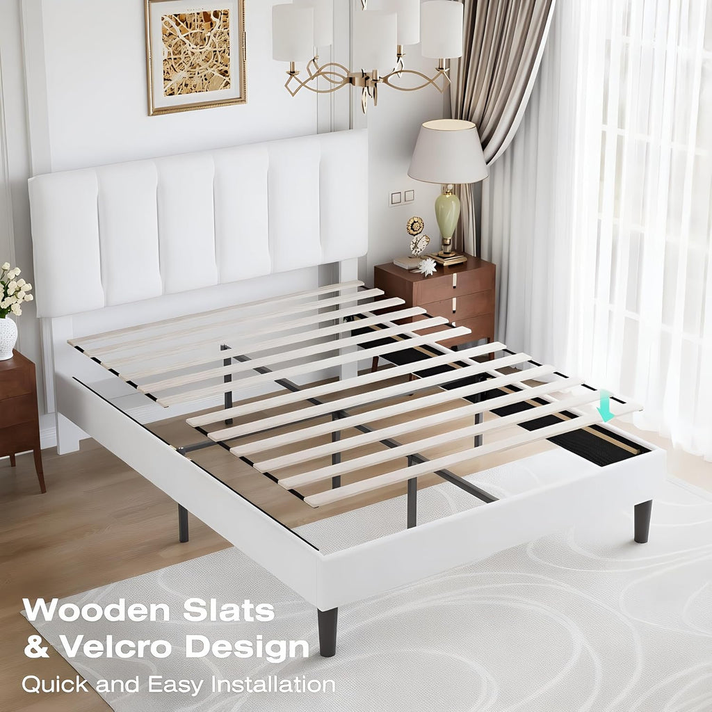 VECELO Queen Size Bed Frame with Upholstered Headboard, Heavy-Duty Bedframe with Wooden Slats & Steel Framework, Easy Assembly, Pure White