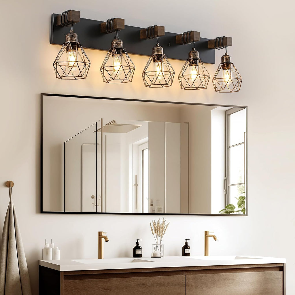 Black Gold Farmhouse Bathroom Light Fixtures, 5-Light Bathroom Lighting Fixtures Over Mirror, Rustic Wood Vanity Lights Wall Sconces with Metal Lampshade for Living Room