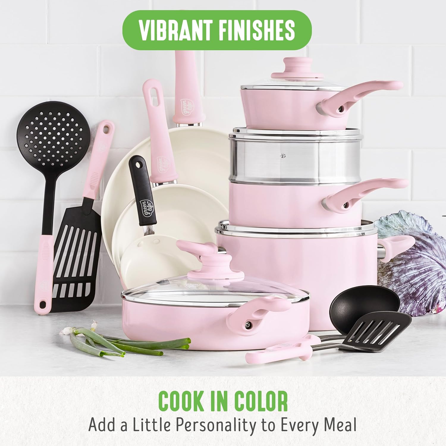 GreenLife Soft Grip Healthy Ceramic Nonstick 18 Piece Kitchen Cookware Pots and Frying Sauce Saute Pans Set, PFAS-Free with Kitchen Utensils and Lid, Dishwasher Safe, Soft Pink