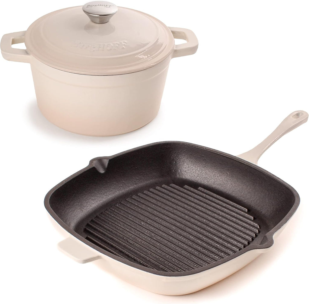 BergHOFF 3Pc Neo Enameled Cast Iron Cookware Set, 3qt. Dutch Oven, Matching Lid, Square Grill Pan 11 Inches, Oven Safe Up To 400°F, Meringue