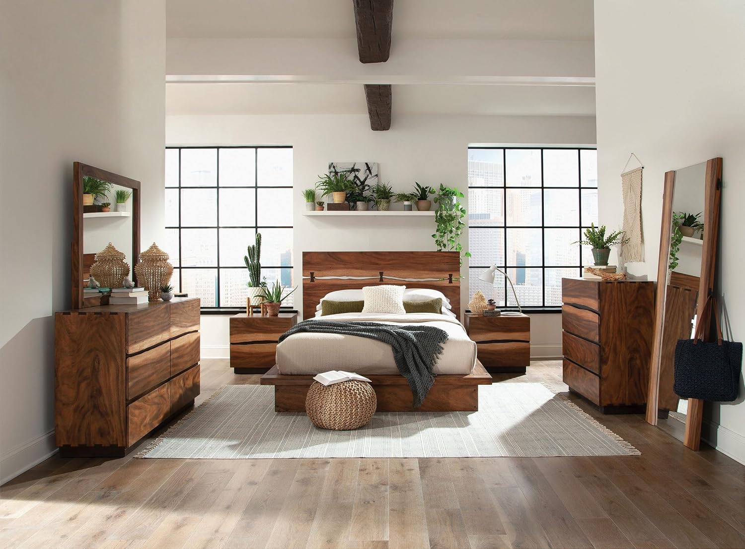 Coaster Home Furnishings Winslow Farmhouse 5-Piece Bedroom Set Live Edge Queen Size Panel Bed Frame 52-inch Headboard Smokey Walnut 223250Q-S5