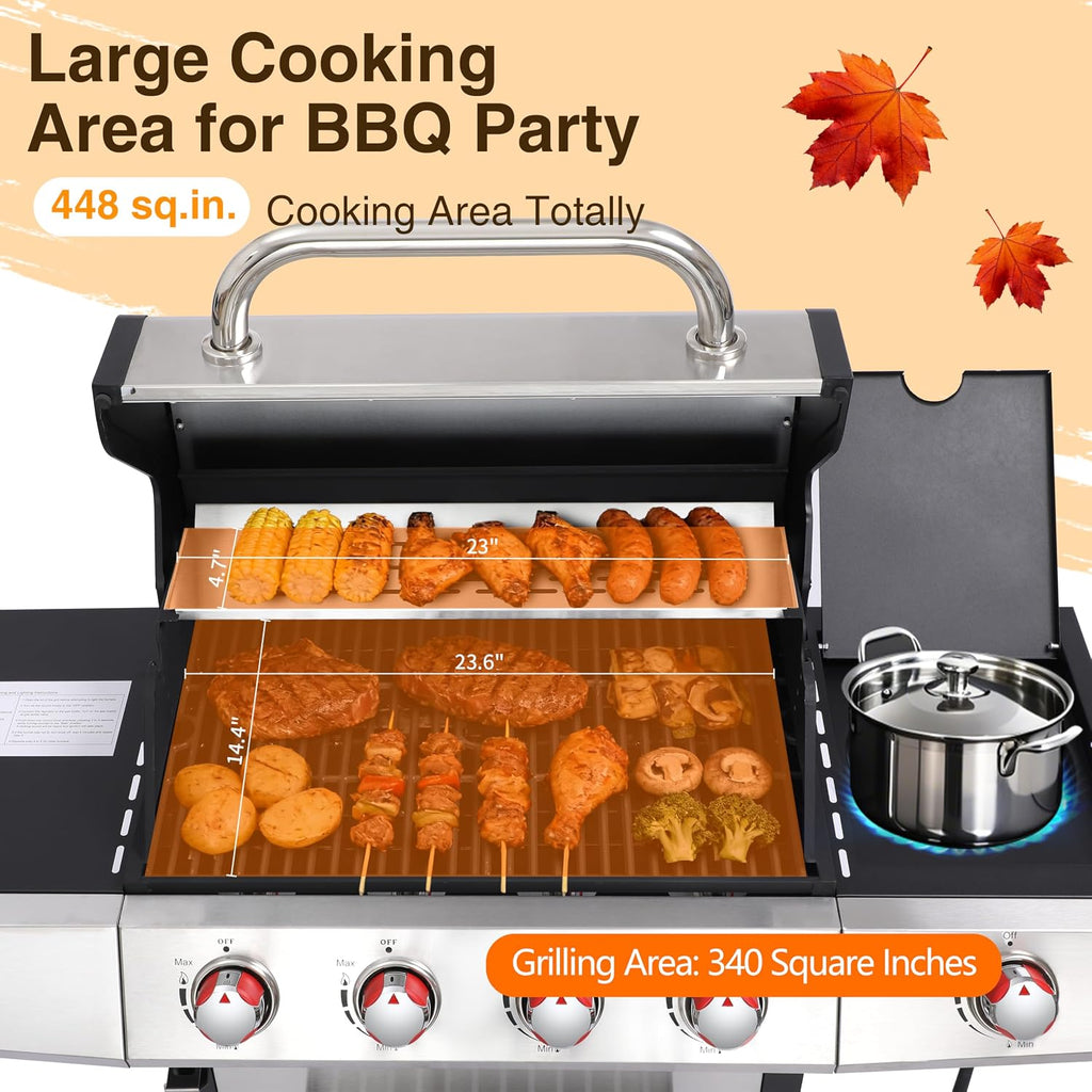 4-in-1 Propane & Charcoal Grill Combo, 4-Burner Gas Griddle with Side Burner, Cast Iron Grates, Outdoor BBQ for Patio & Backyard