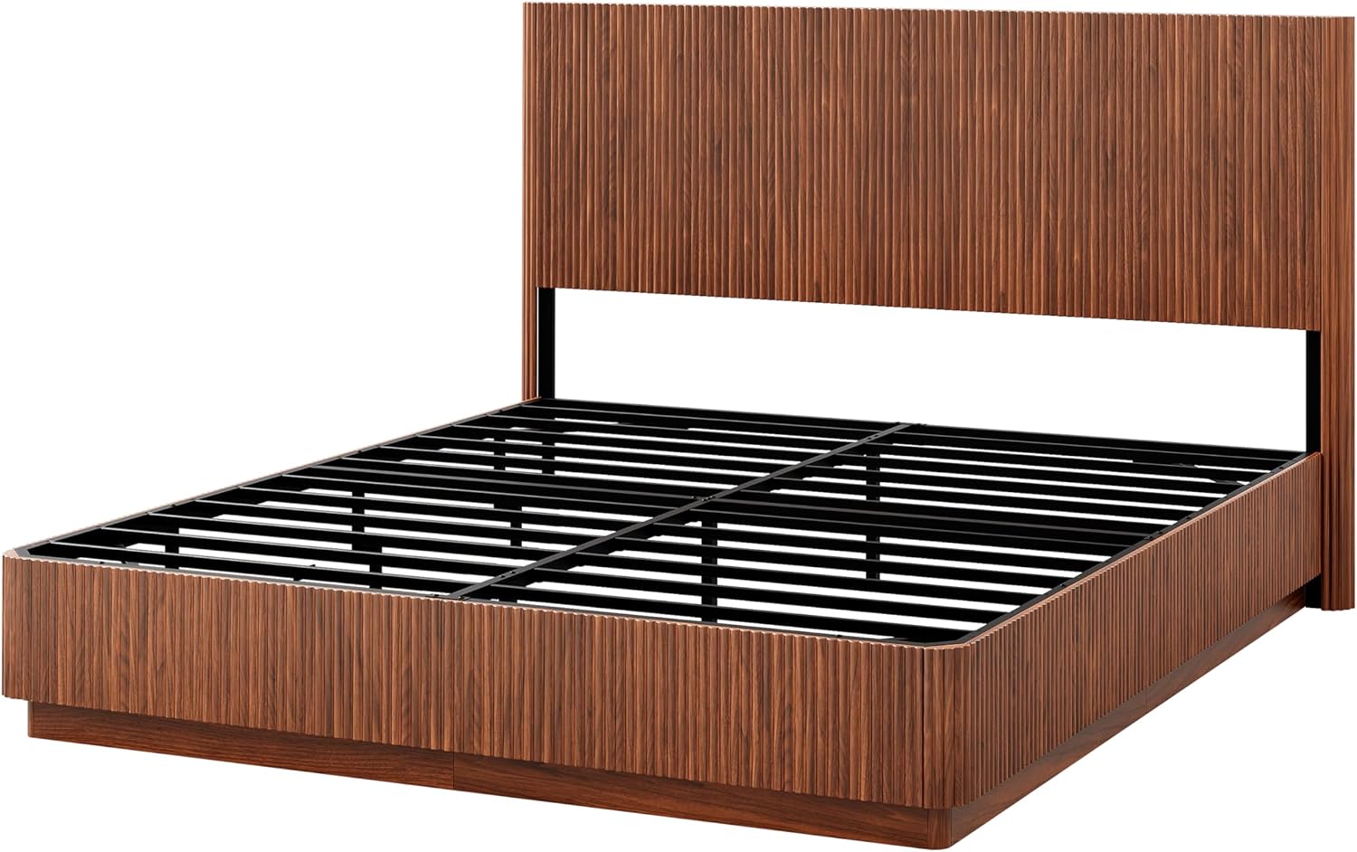 ivoros Mid Century Modern Bed Frame King Size, Fluted Platform Bed Frame with Headboard, Wood and Steel Platform Beds with LED Lights, Heavy Metal Frame Support, No Box Spring Needed, Walnut