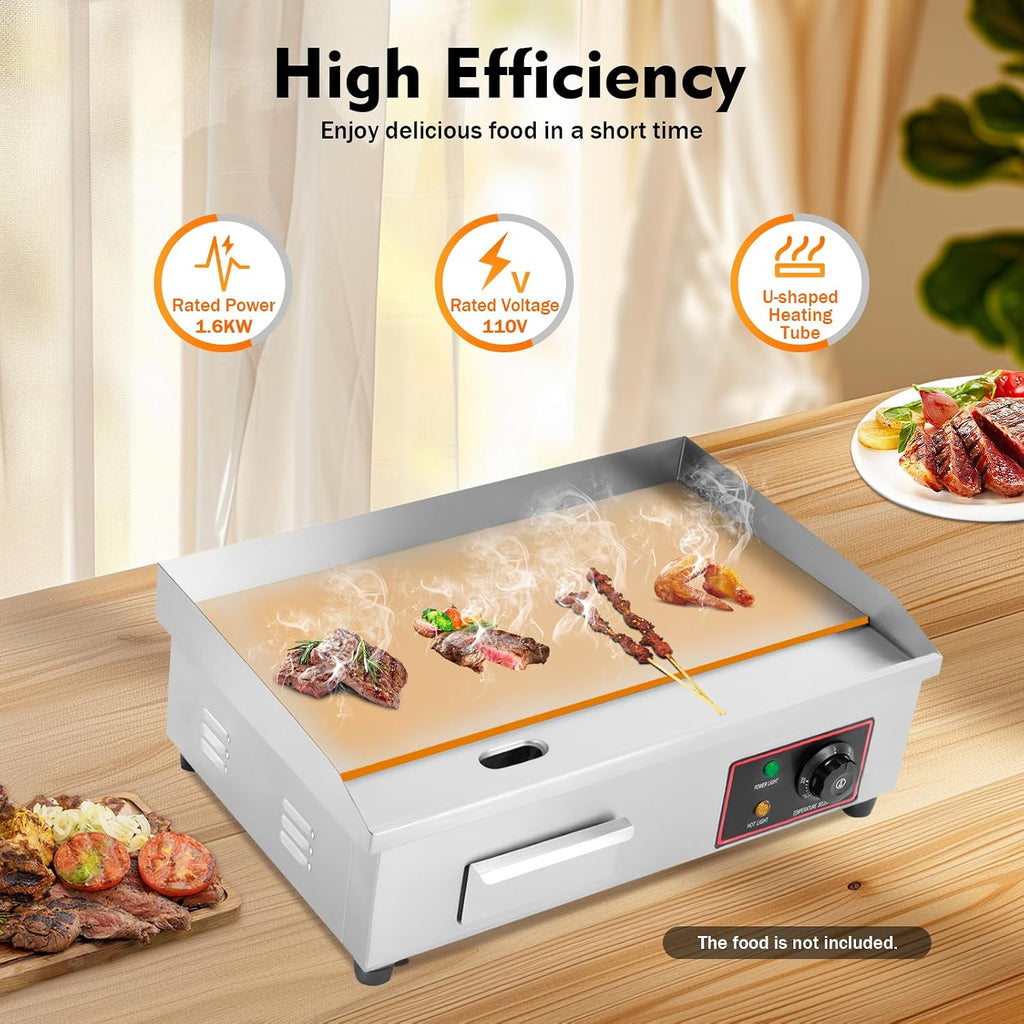 Commercial Electric Griddle, 1600W Stainless Steel Flat Top Griddle with Temperature Control, 21.3x11.8in Commercial Countertop Griddle for Pancake Steak Kitchen Restaurant
