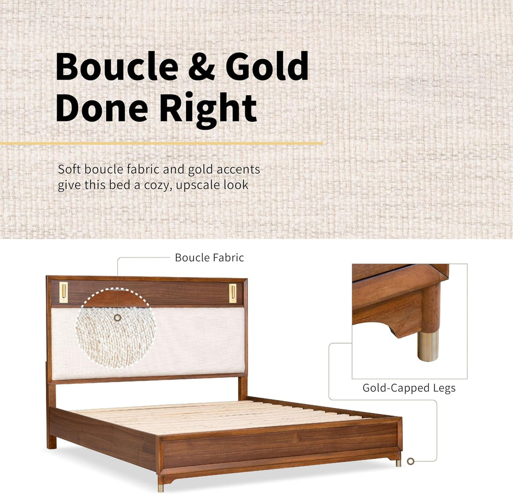Furniture of America Forma Modern Solid Wood 4-Piece Bedroom Set with Upholstered Bed with LED Lights, Ball-Bearing Glide on Nightstand and Dresser with Mirror, No Box Spring Needed, King, Walnut