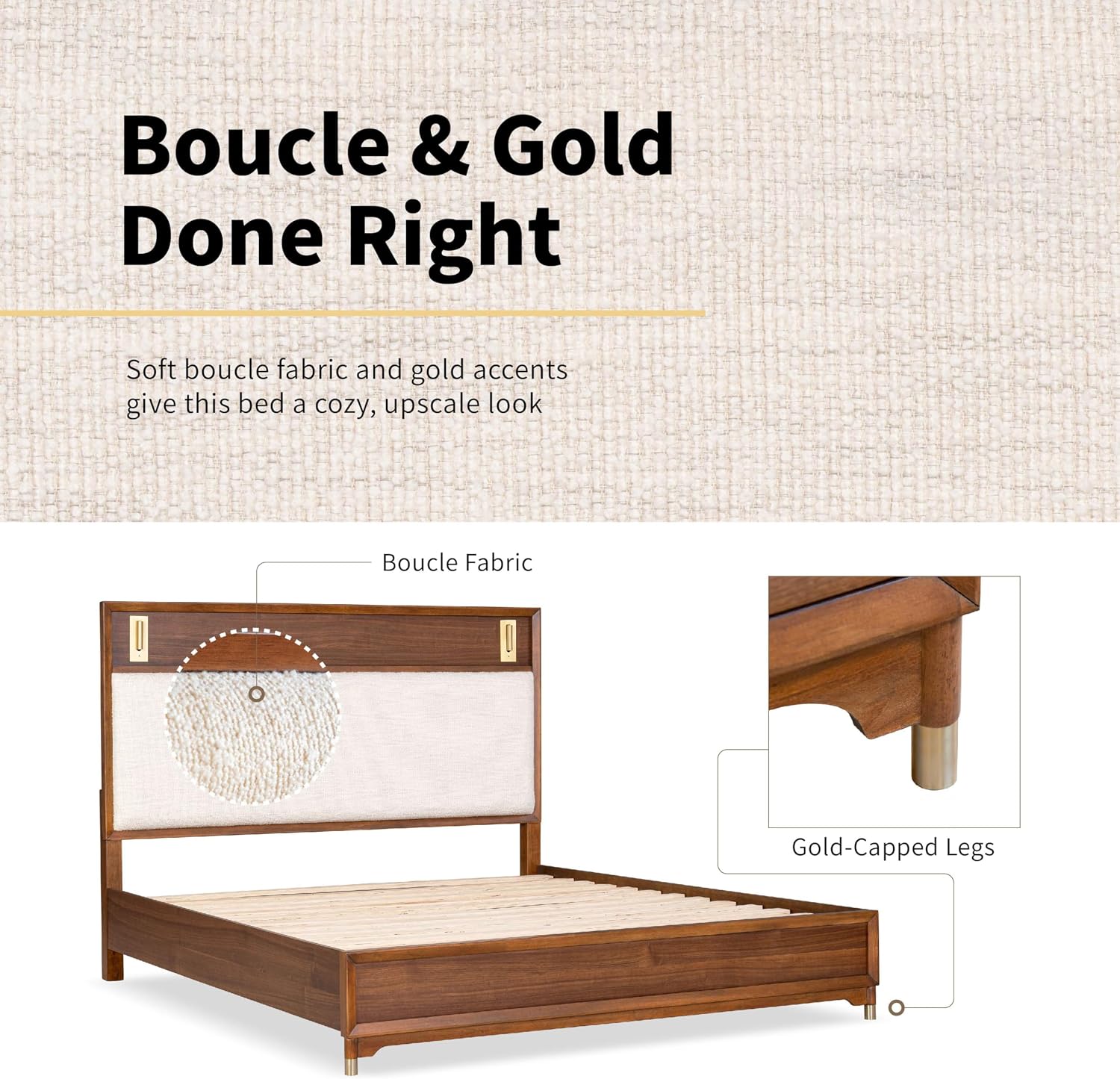 Furniture of America Forma Modern Solid Wood 4-Piece Bedroom Set with Upholstered Bed with LED Lights, Ball-Bearing Glide on Nightstand and Dresser with Mirror, No Box Spring Needed, King, Walnut