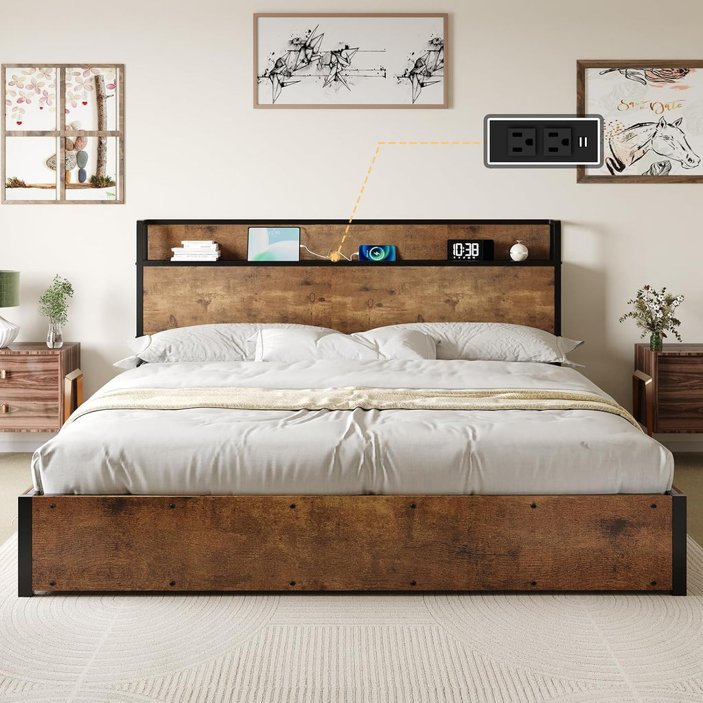 AMERLIFE King Size Lift Up Storage Bed Frame, Wooden Platform Bed Frame with Lifting Storage & Charging Station, No Spring Box Needed/Noise Free, Rustic Brown