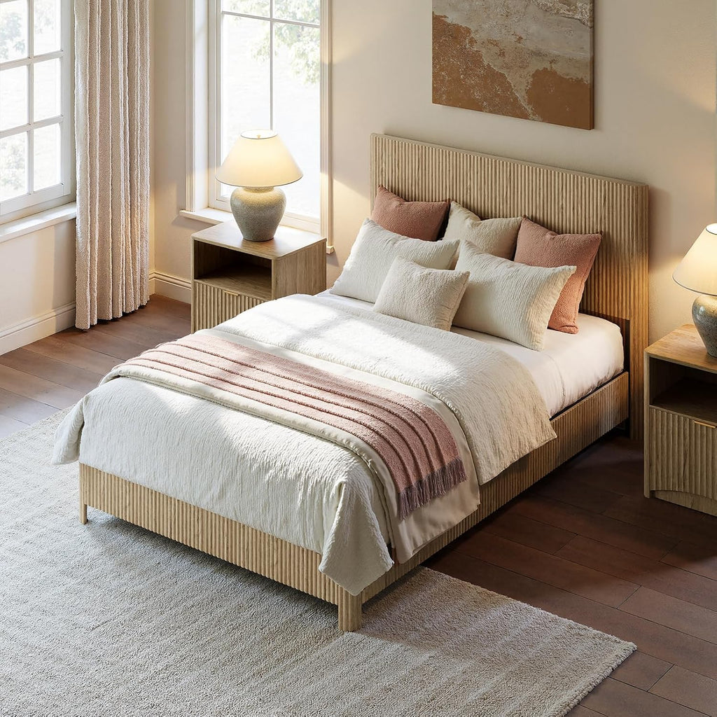 Evermagin Oak Full Bed Frame with Headboard, Mid Century Modern Fluted Platform Bed, Boho Wooden Bed Base No Box Spring Needed, Wavy Grooved Panel