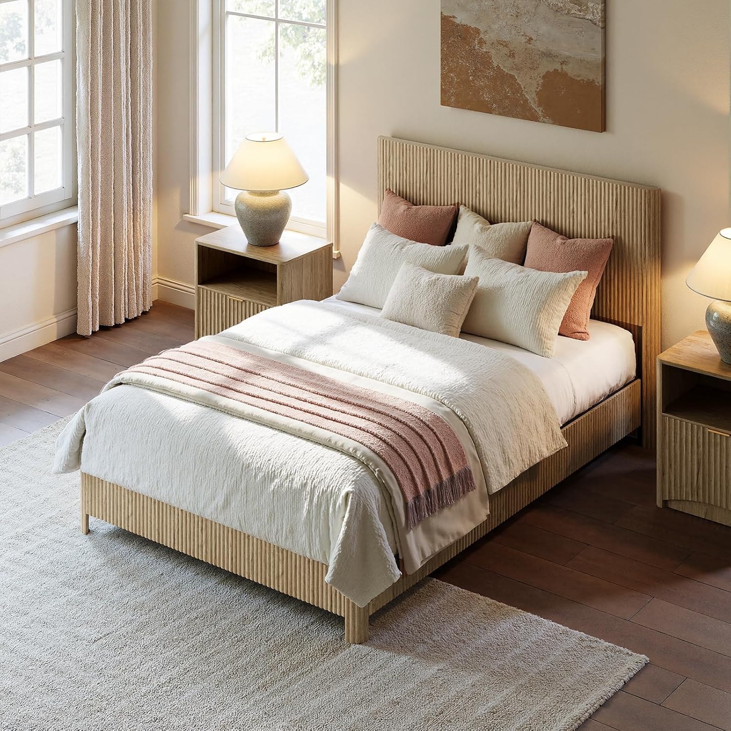 Evermagin Oak Full Bed Frame with Headboard, Mid Century Modern Fluted Platform Bed, Boho Wooden Bed Base No Box Spring Needed, Wavy Grooved Panel