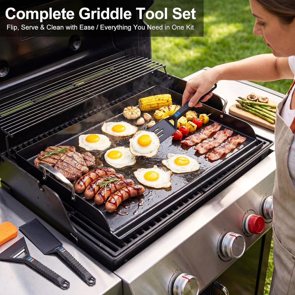 Cast Iron Griddle for Gas Grill with 5-Piece Silicone Griddle Tool Kit 25' x 16' Nano-Ceramic Nonstick Grill Griddle for Gas Charcoal Grills Flat Top Grill Accessories with Stainless Steel Core Tools
