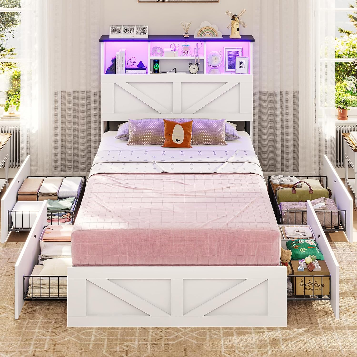 VIAGDO Farmhouse Bed Frame Twin Size with Bookcase Storage Headboard, Charging Station and LED Lights, Wooden Twin Bed Frames with 4 Drawers, Barn Door Design, No Box Spring Needed, No Noise, White