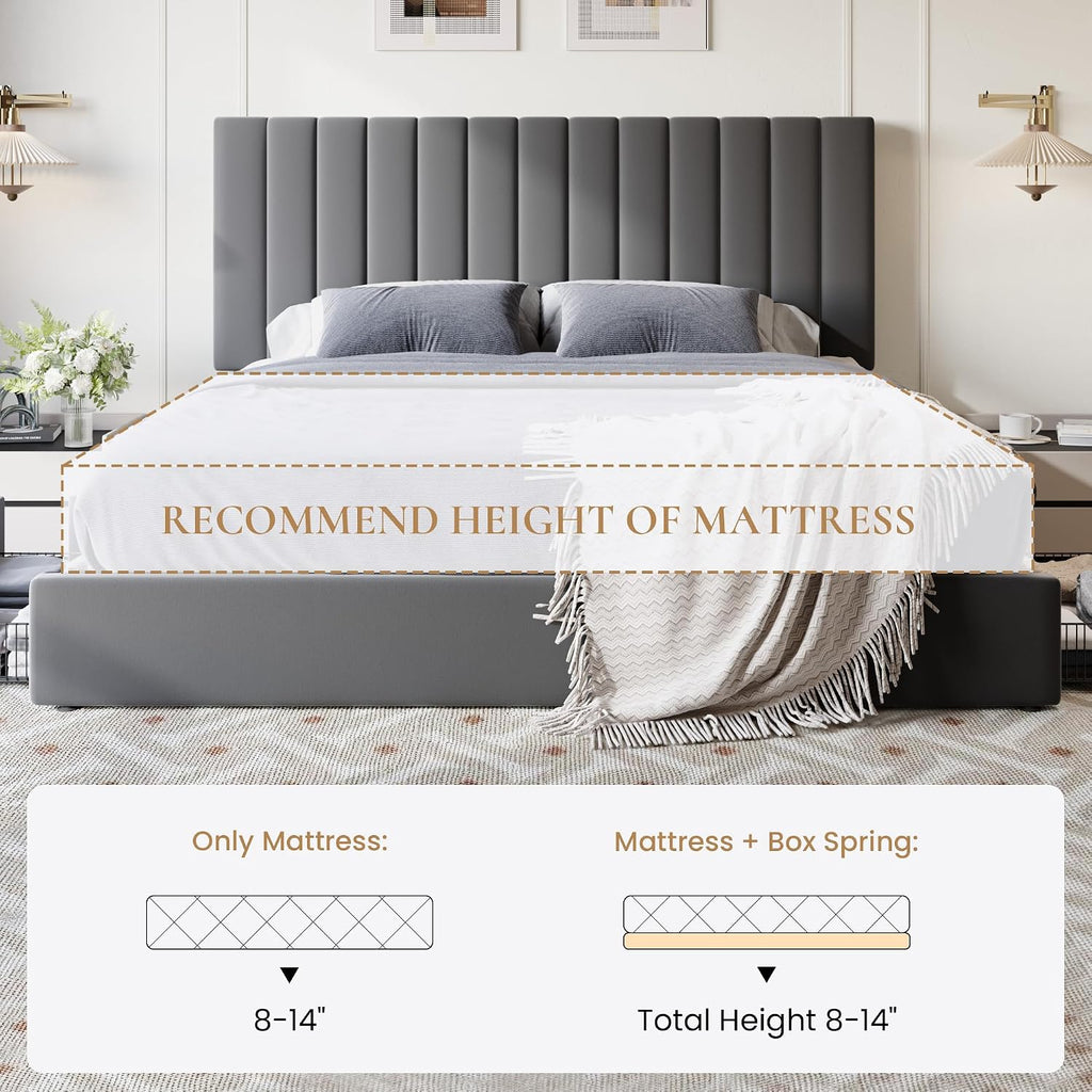 SHA CERLIN King Size Platform Bed Frame with 4 Storage Drawers, Vertical Channel Tufted Adjustable Headboard, Velvet Upholstered, Wooden Slats Support, No Box Spring Needed, Easy Assembly, Grey