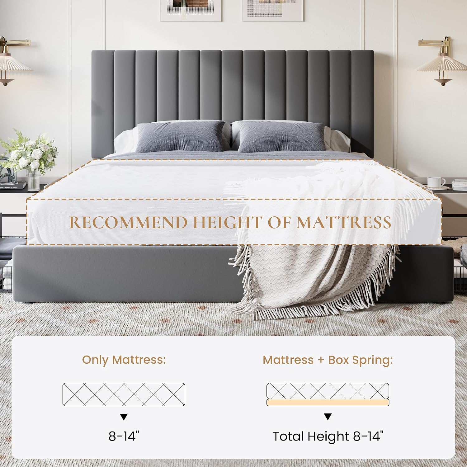 SHA CERLIN King Size Platform Bed Frame with 4 Storage Drawers, Vertical Channel Tufted Adjustable Headboard, Velvet Upholstered, Wooden Slats Support, No Box Spring Needed, Easy Assembly, Grey