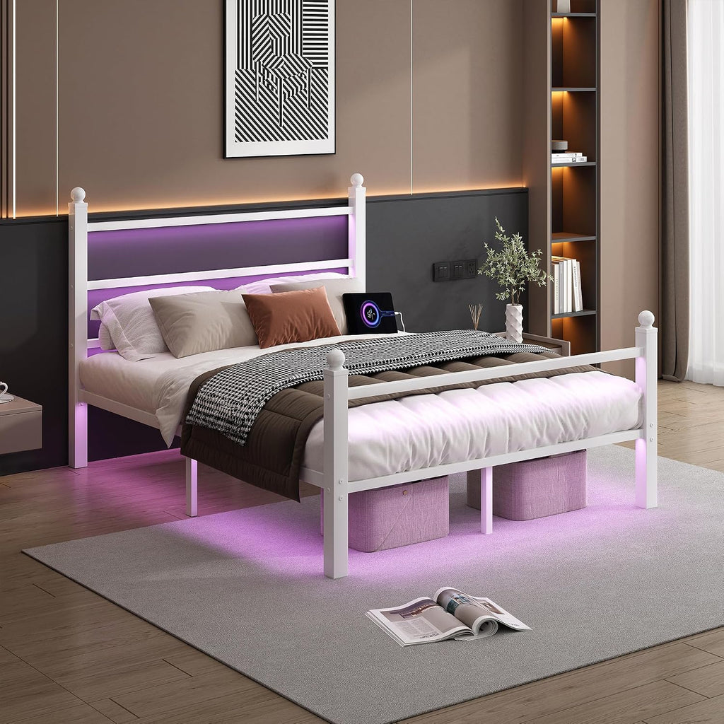 CLIBFENG Queen Size Bed Frame with Headboard and Footboard,Steel Slats Support-LED Bed Frame with USB Charging Station,Mattress Foundation-Under Bed Storage,No Box Spring Needed,Noise Free,White