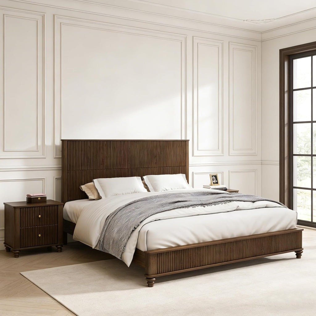 King Size Solid Wood Platform Bed Frame, Wood Platform Bed Frame with 79.13' Headboard, Solid Wood Leg/No Box Spring Needed/Noise Free/Brown