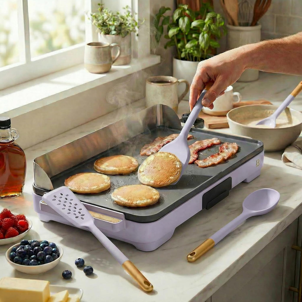 XL Electric Griddle 12' x 22' with Ceramic Nonstick Coating and Removable Heat Control with 3-Piece Silicone Spoon, Lavender Flat Top Electric Grill with Drip Tray and Backsplash
