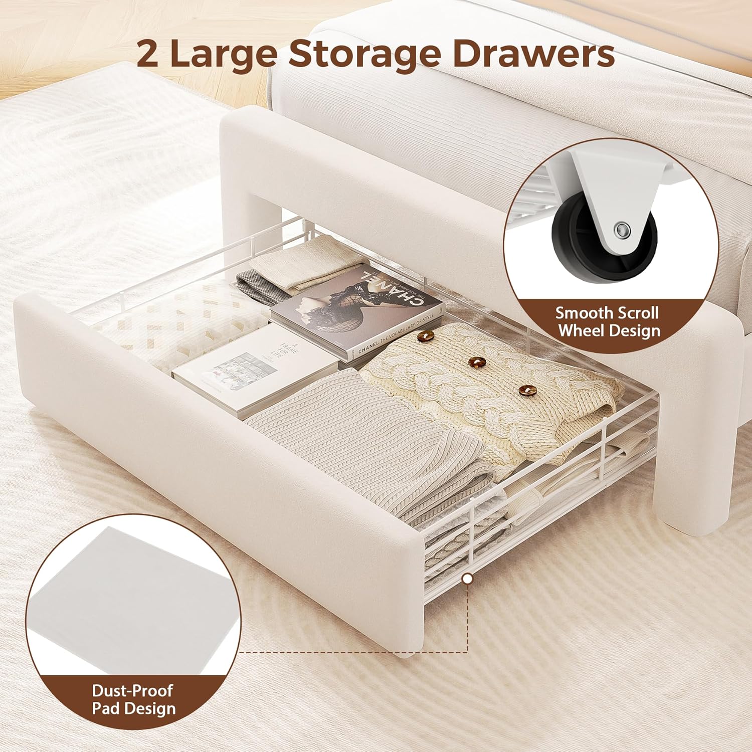 Twin Size Bed Frame with LED Storage Headboard & 2 Storage Drawers, Velvet Upholstered Bed with Vertical Tufted Headboard Design, USB & Type-C Charging Ports, Wooden Slats Support, Noise-Free, Beige