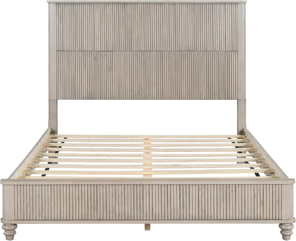 Queen Size Solid Wood Platform Bed Frame, Solid Wood Bed with 63.58' Headboard, Solid Wood Leg/No Box Spring Needed/Noise Free/Beige